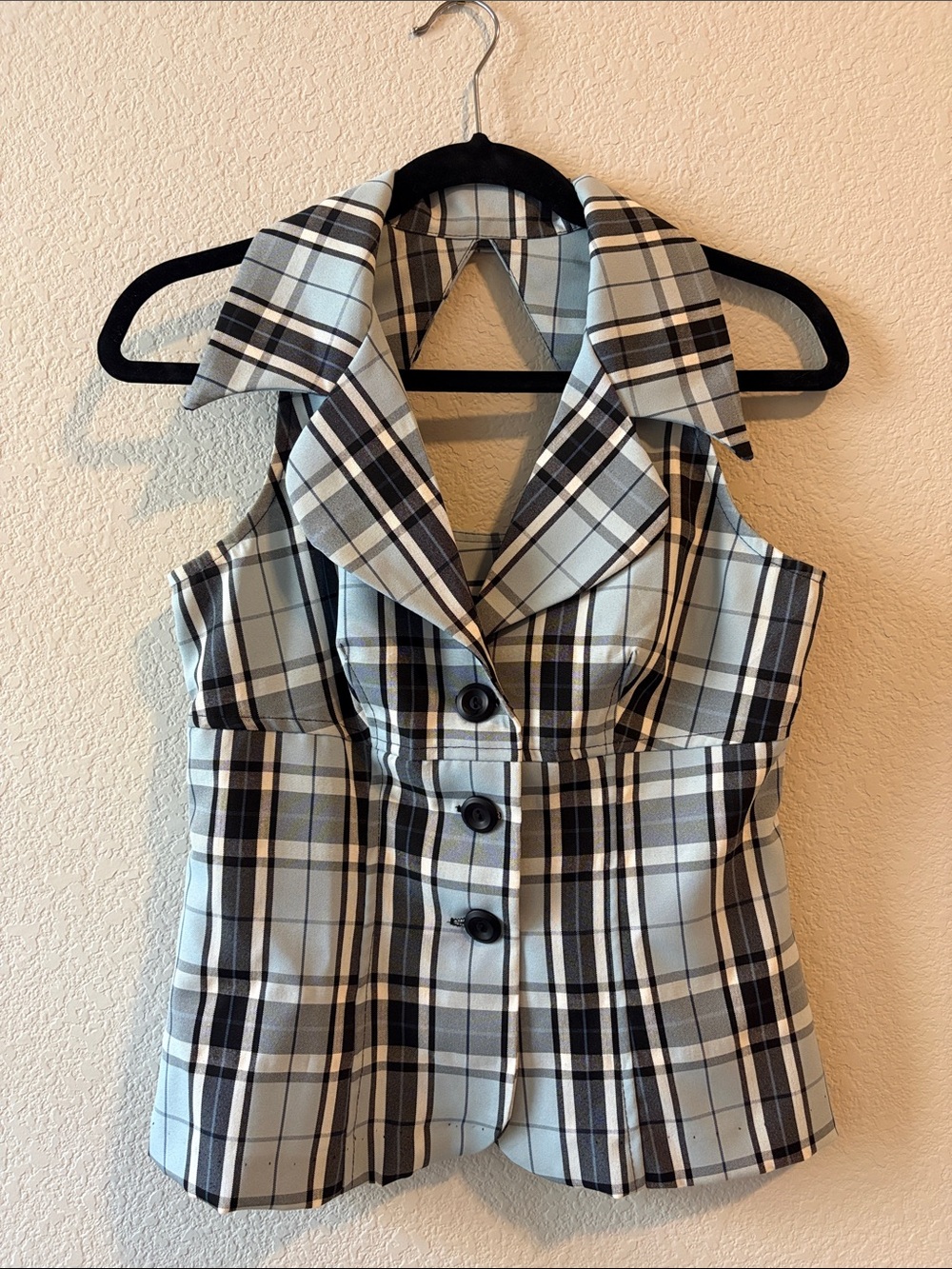 Light Blue, Black & White Plaid Button-Front Vest